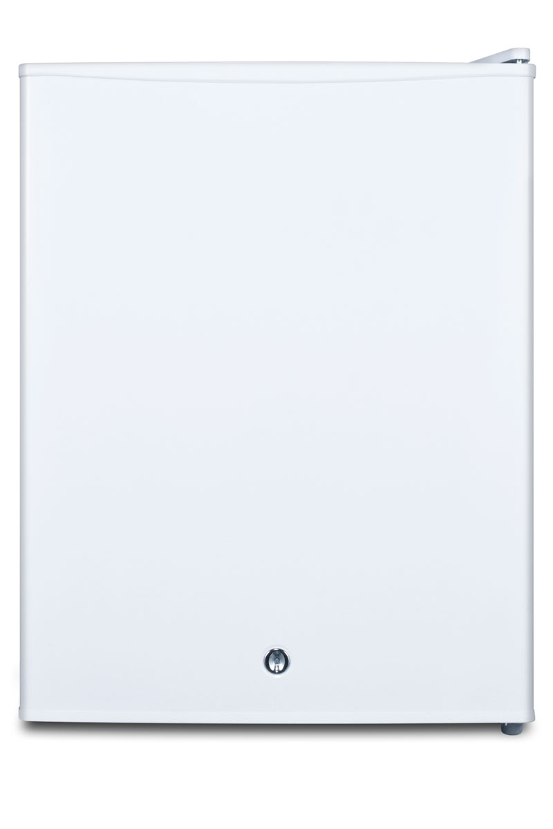 Compact all-refrigerator with automatic defrost, front-mounted lock, and white finish; Replaces FF28L